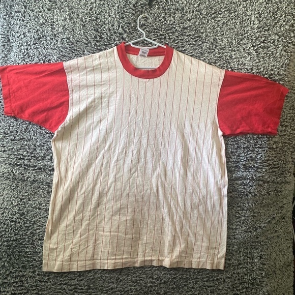 Vintage 90s Fruit of the loom single stitch striped Red shirt USA made grunge - Picture 7 of 9